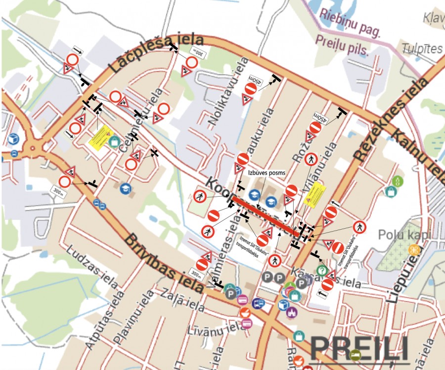 Satiksmes organizācijas shēma būvdarbu laikā - posmā no Rēzeknes ielas līdz Lāčplēša ielai.