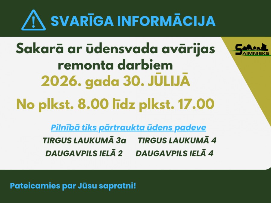 Tiks pārtraukta ūdens padeve atsevišķās adresēs